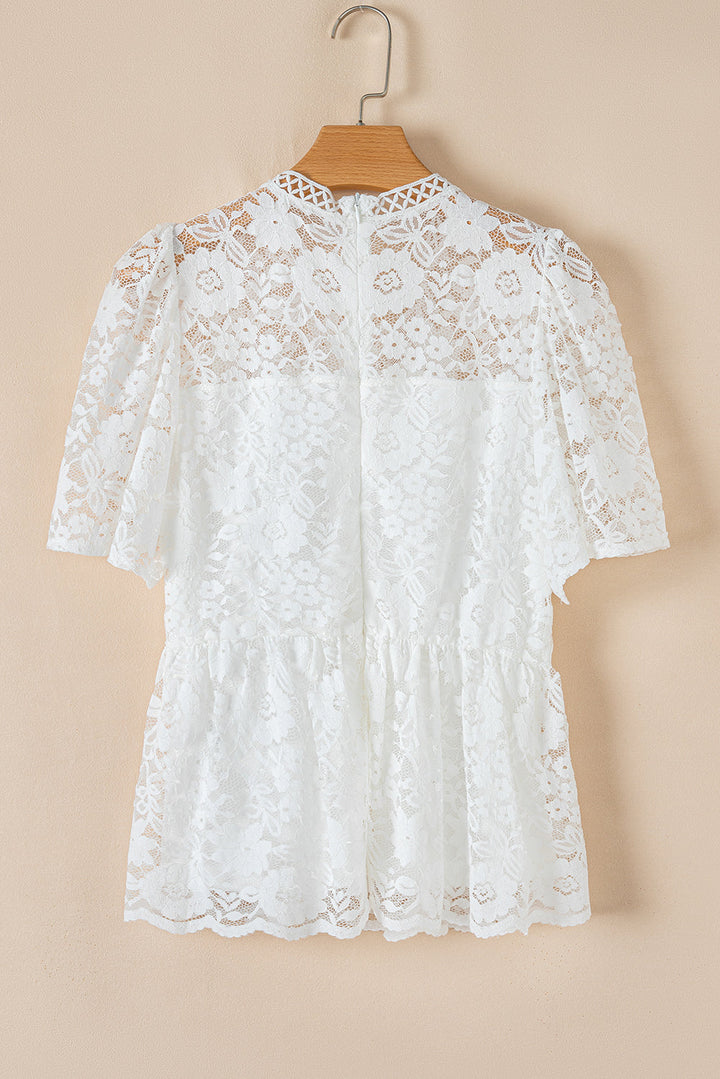 Short Sleeve Scalloped Floral Lace Peplum Blouse