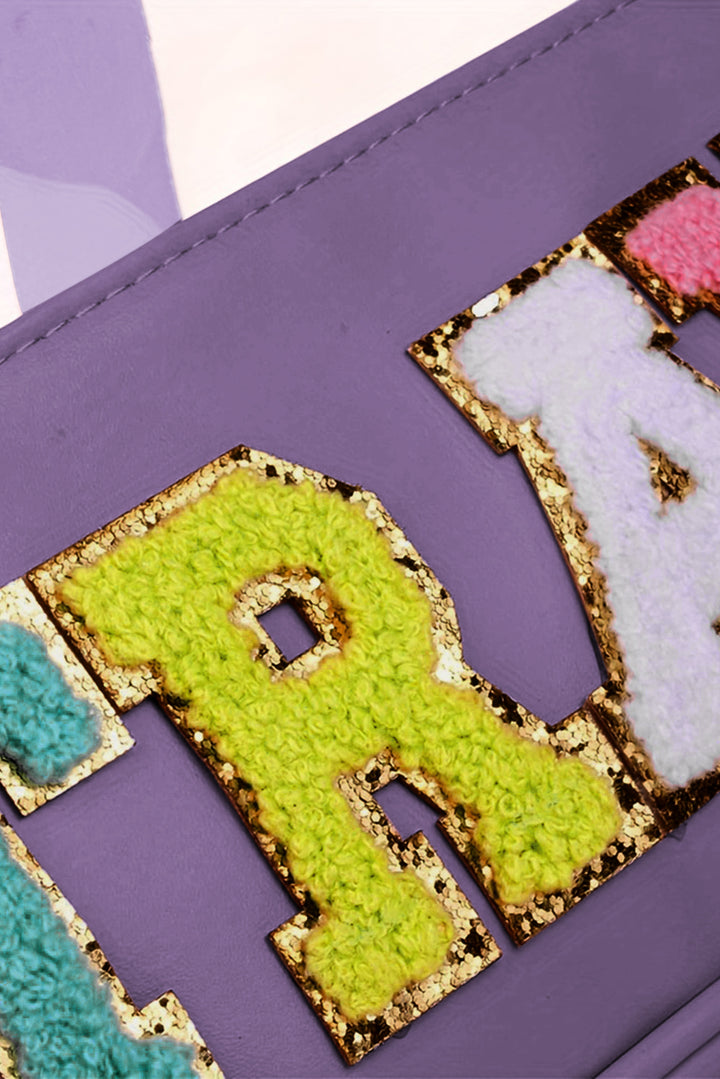 Trousse de maquillage en PVC transparent avec lettres en chenille violette
