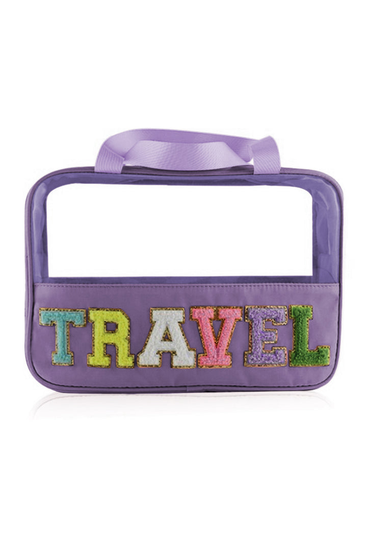 Trousse de maquillage en PVC transparent avec lettres en chenille violette