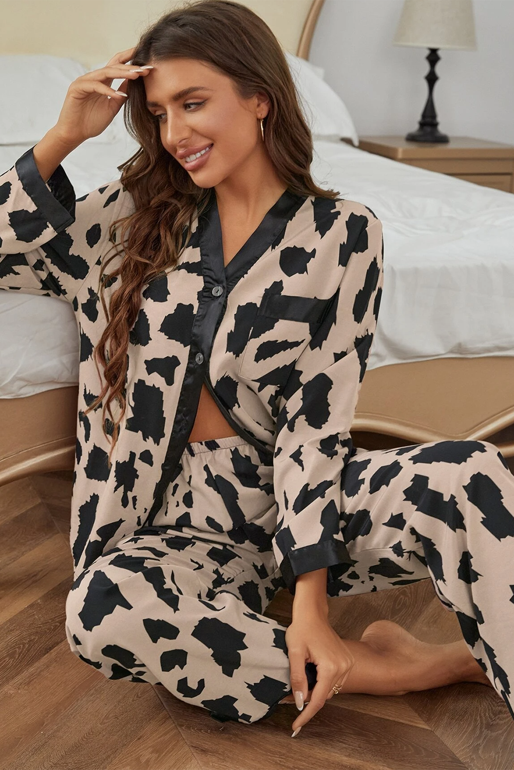 cheetah contrast trim loose fit two piece sleepwear