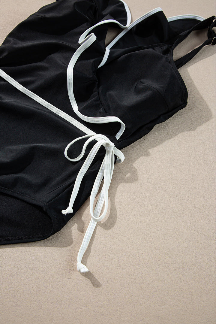 color contrast ruffled wrap v neck swimsuit