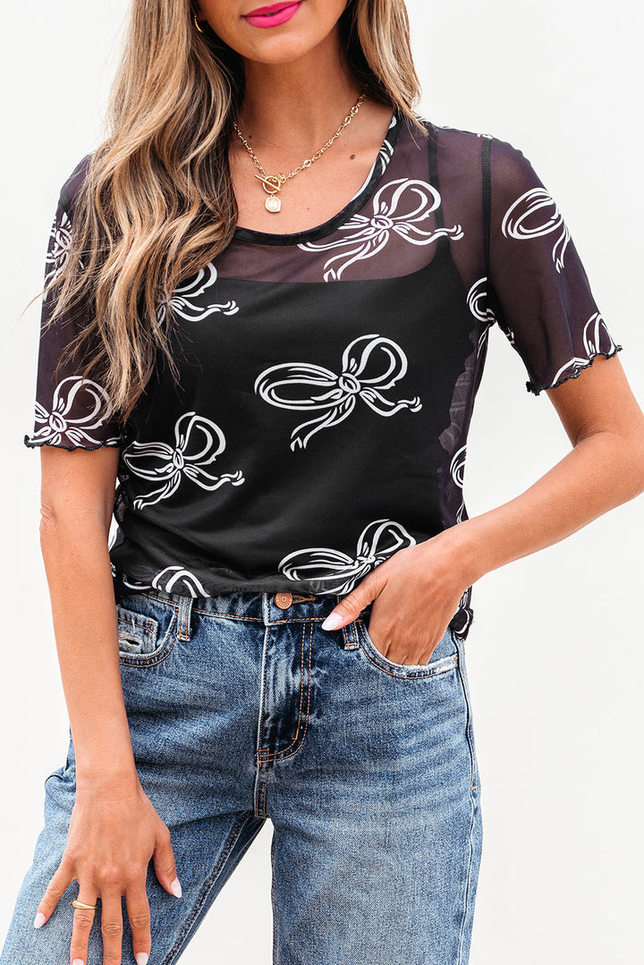 bow printed mesh short sleeve top