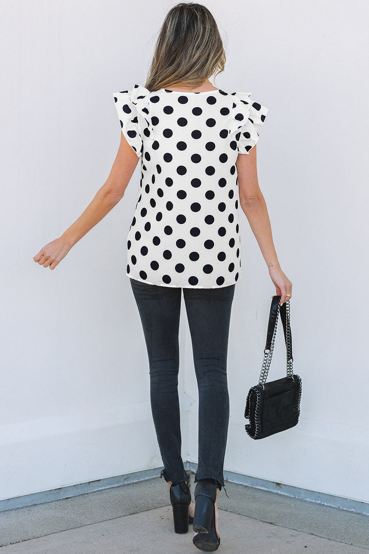 Polka Dot Print Ruffled Sleeve V Neck Blouse