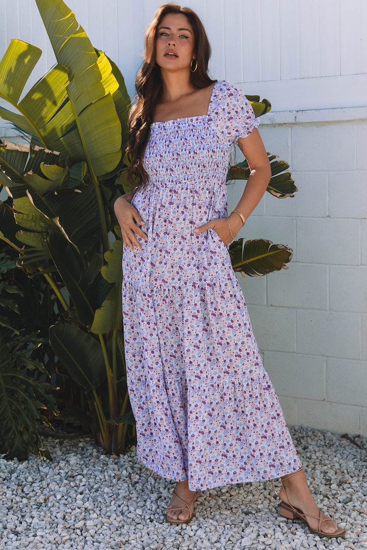 Floral Short Bubble Sleeve Shirred High Waist Maxi Dress