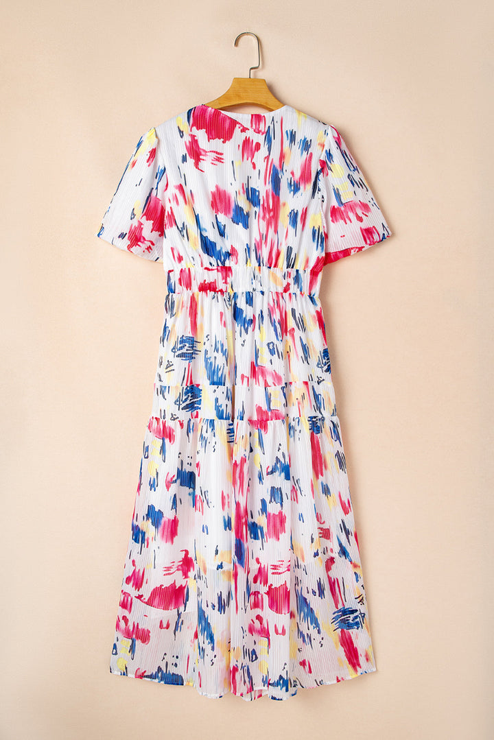 Abstract Print Short Puff Sleeve Tiered Maxi Dress