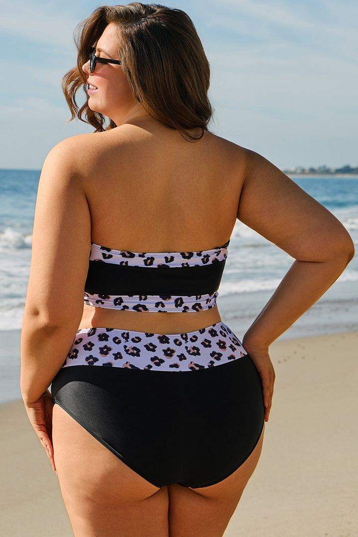 2pcs Leopard Patchwork Plus Size High Waisted Swimsuit