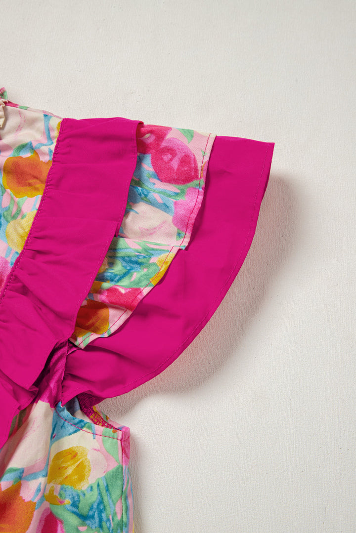 Floral Layered Ruffle Flutter Sleeve Tie V Neck Blouse