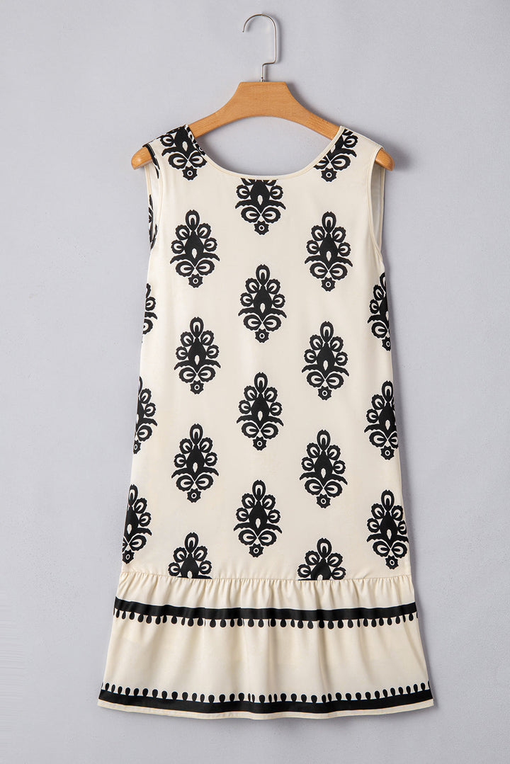 Geometric Printed Sleeveless Hollowed Bowknot Back Mini Dress