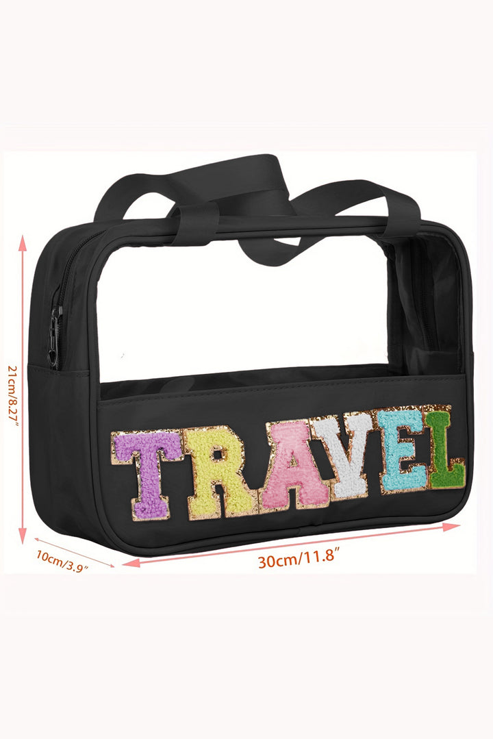 Trousse de maquillage TRAVEL en PVC transparent avec lettres en chenille