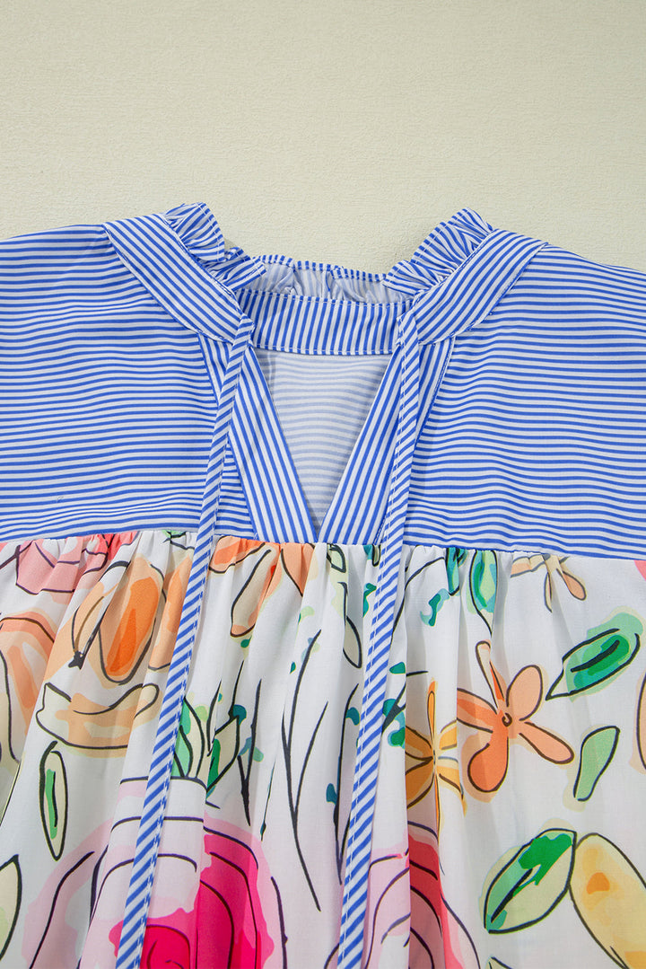 DEARLOVER  Floral Print Striped Yoke Frilled V Neck Puff Short Sleeve Blouse