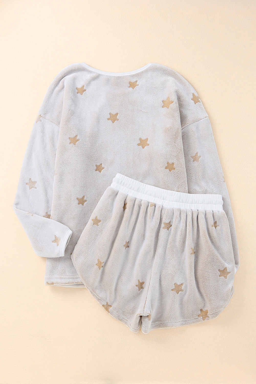 plush star pattern long sleeve pullover and shorts lounge set