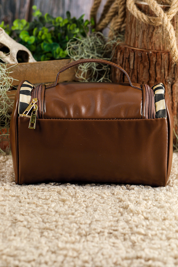 Trousse de maquillage zippée en cuir PU à carreaux