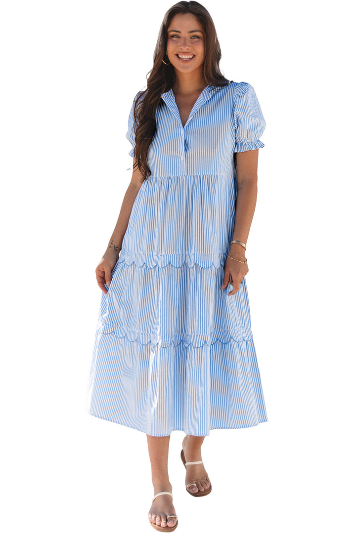 Bubble Short Sleeve Tiered Scallop Long Dress