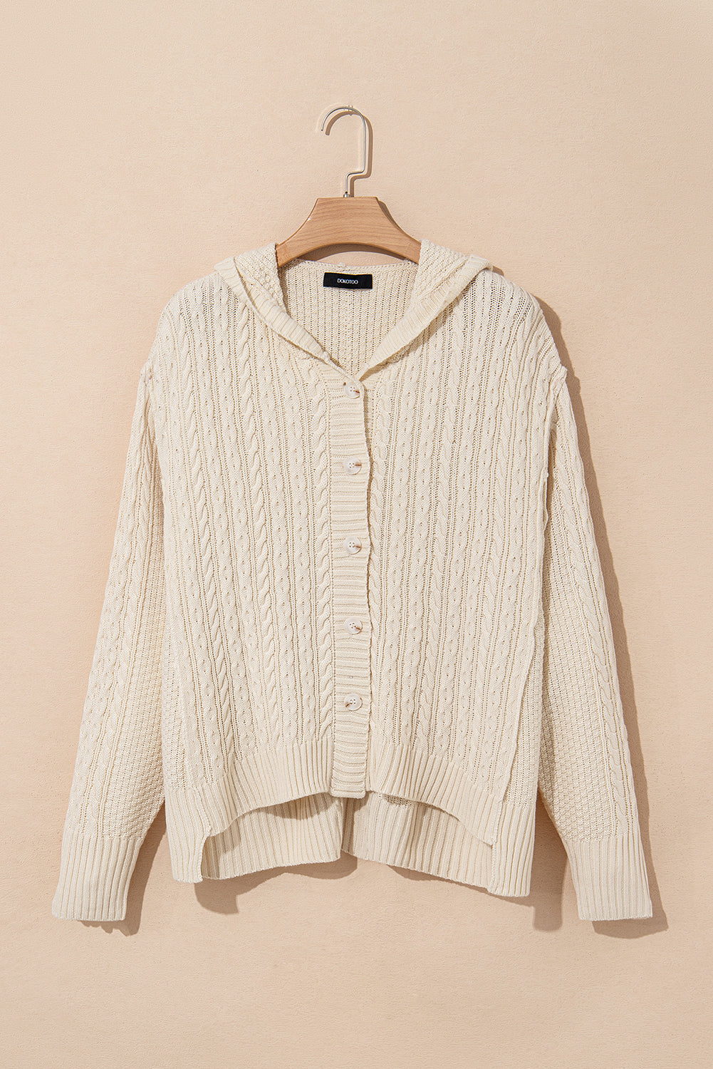Cable Knit Texture Uneven Hem Hooded Chic Cardigan