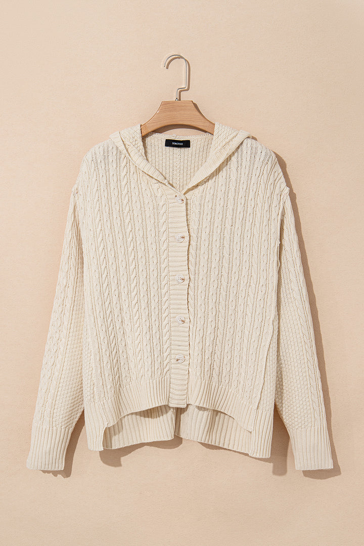 Cable Knit Texture Uneven Hem Hooded Chic Cardigan