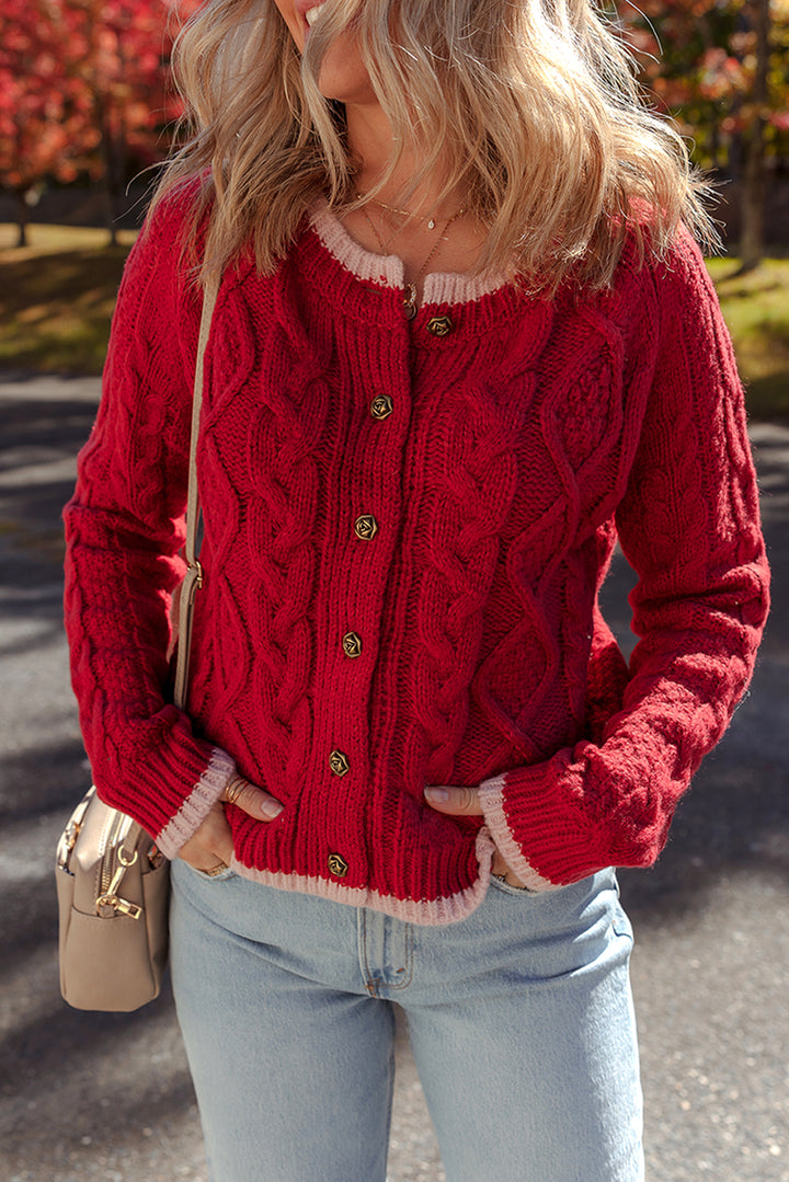 Color Contrast Edge Cable Knit Buttoned Cardigan