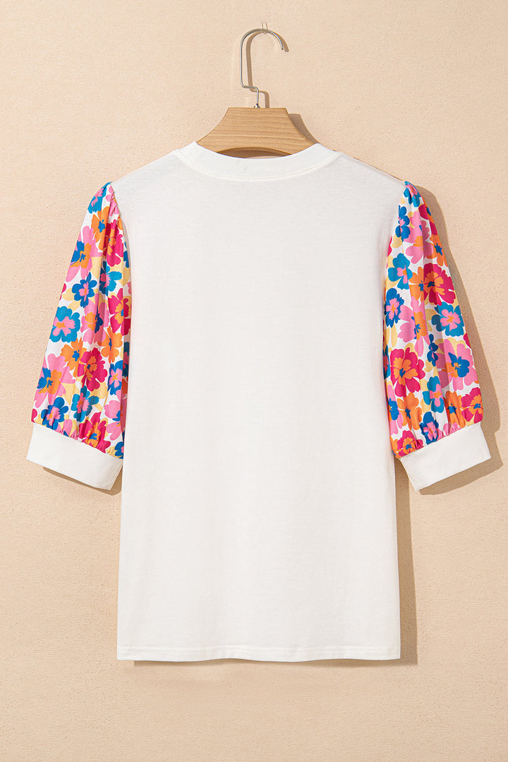 floral puff sleeve patchwork round neck top
