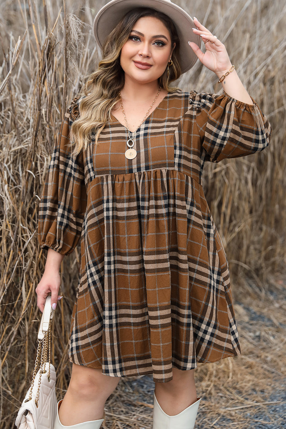 Chic Plaid V Neck Plus Size Babydoll Dress ModeShe Chic Plaid V Neck Plus Size Babydoll Dress ModeShe