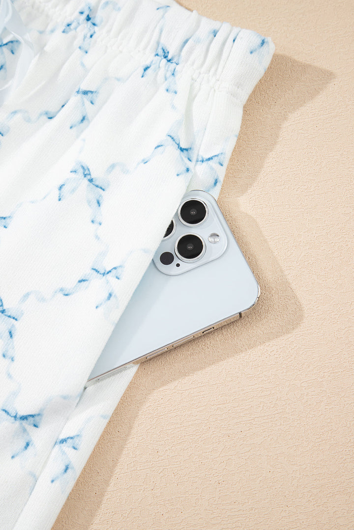 bow knot geometric print lettuce trim two piece lounge set