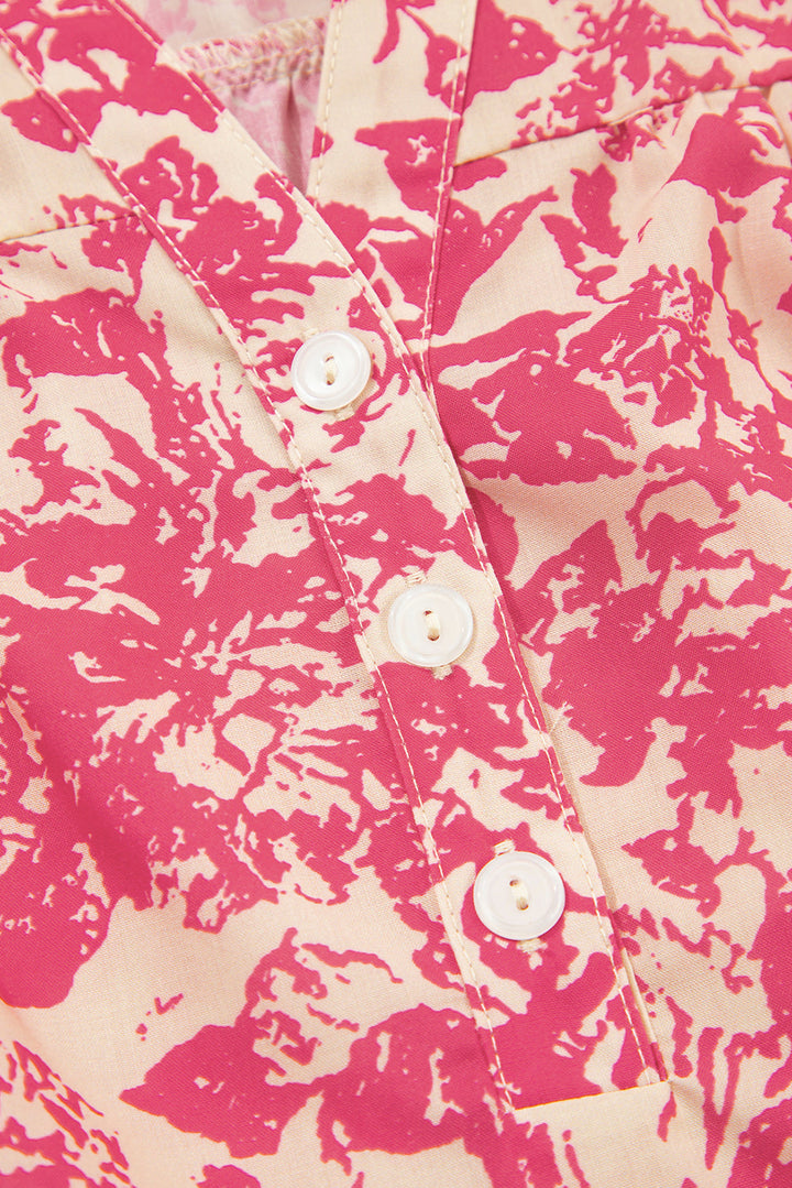 allover printed half button neck ruffle sleeve blouse