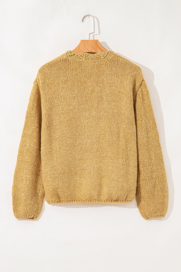 Lantern Sleeve Scallop V Neck Buttoned Front Cardigan