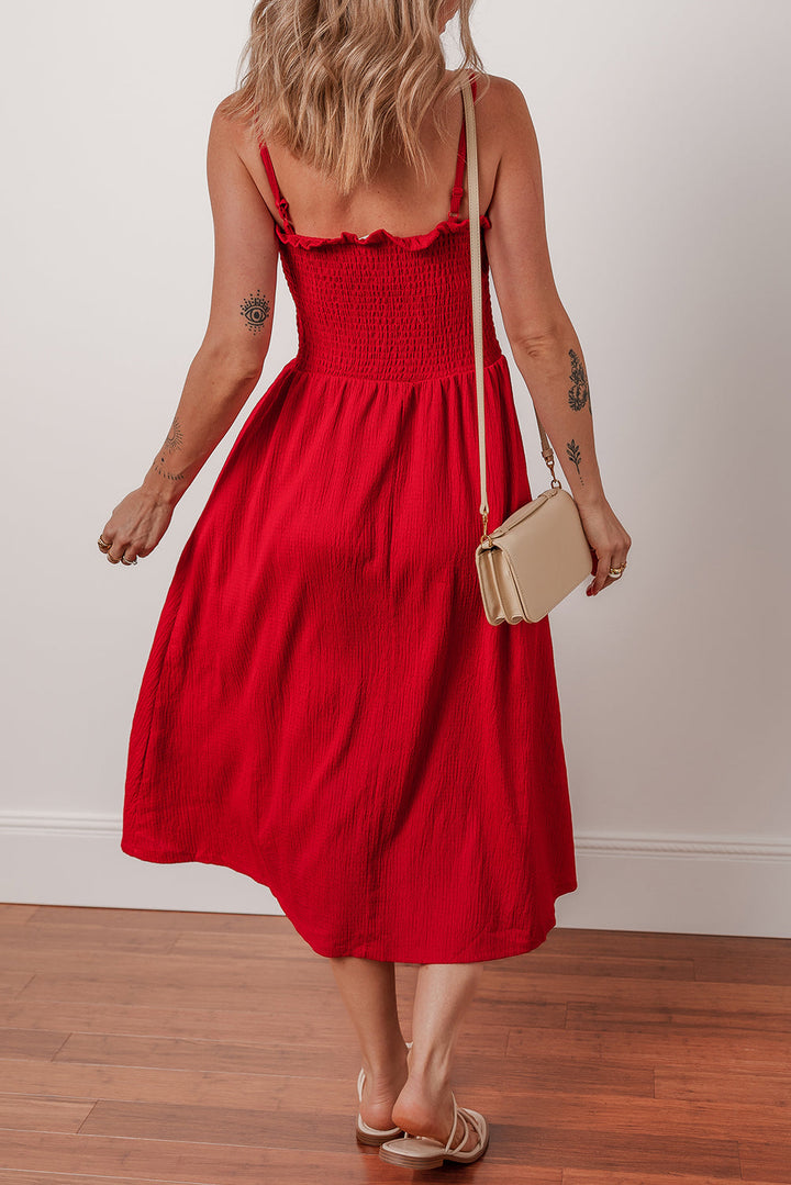 textured shirred ruffled trim spaghetti strap midi dress