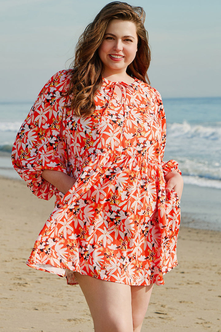 Floral Print Split V Neck Bubble Sleeve Plus Size Midi Dress