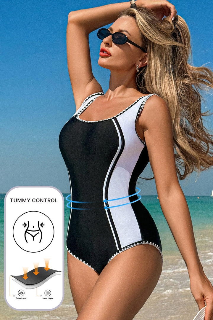color block ric rac trim u neck one piece swimsuit