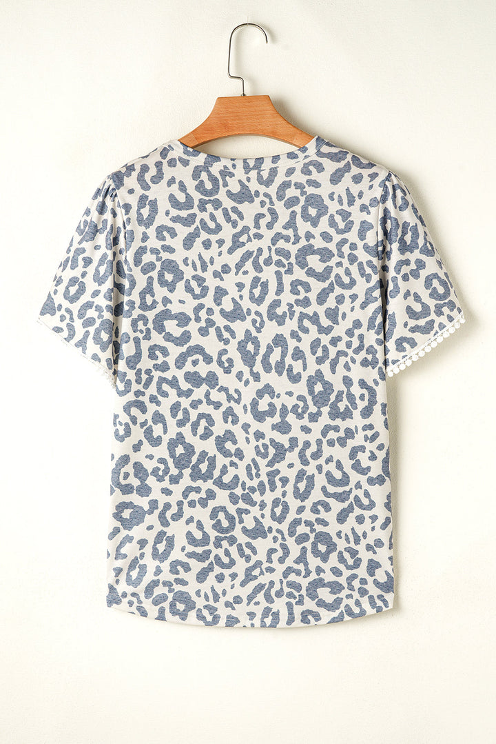 leopard round neck lace trim petal sleeve t shirt