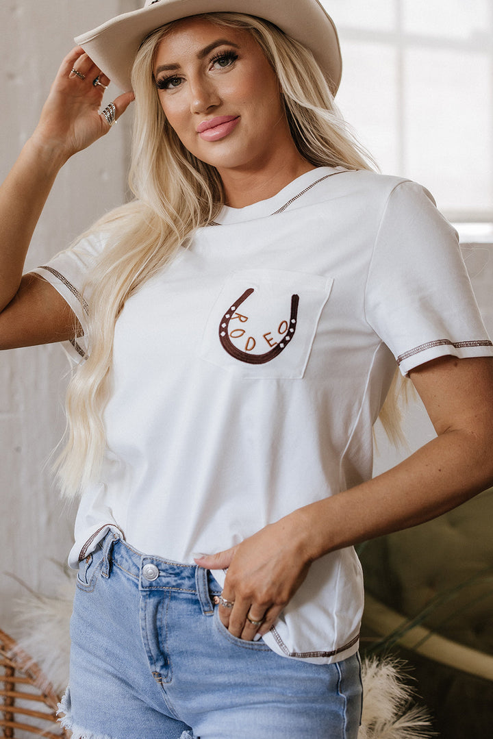 rodeo horseshoe embroidered patch pocket t shirt