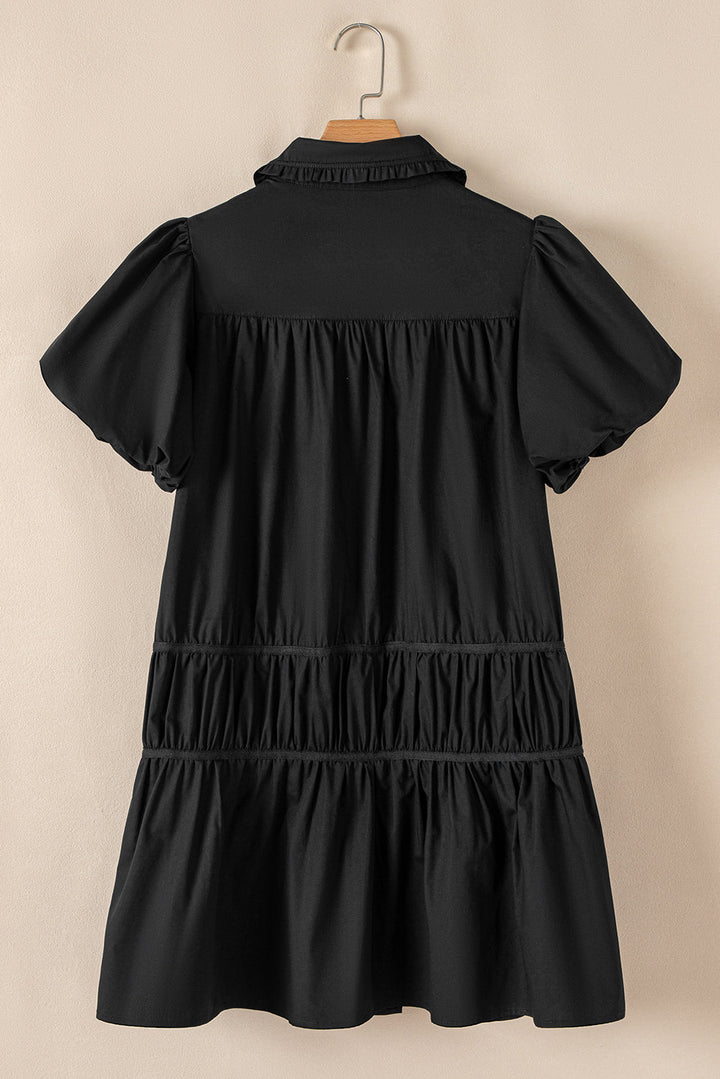 Shirt Style Button Down Puff Sleeve Ruffle Hem Dress
