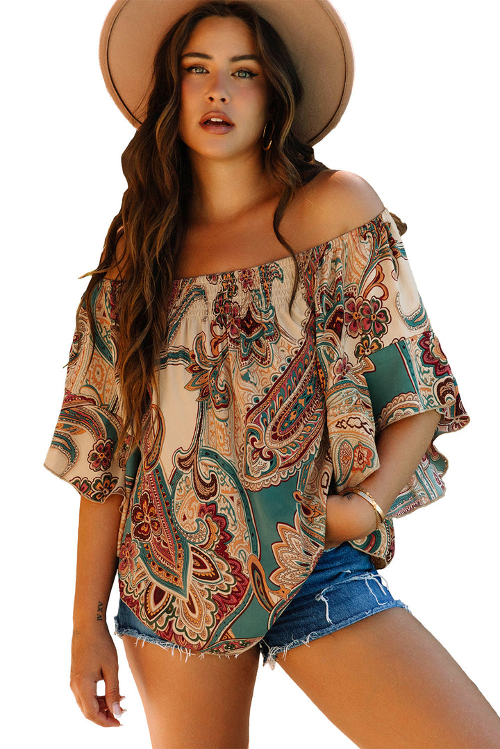 Paisley Printed Shirred Off Shoulder Ruffled Draped Sleeve Blouse