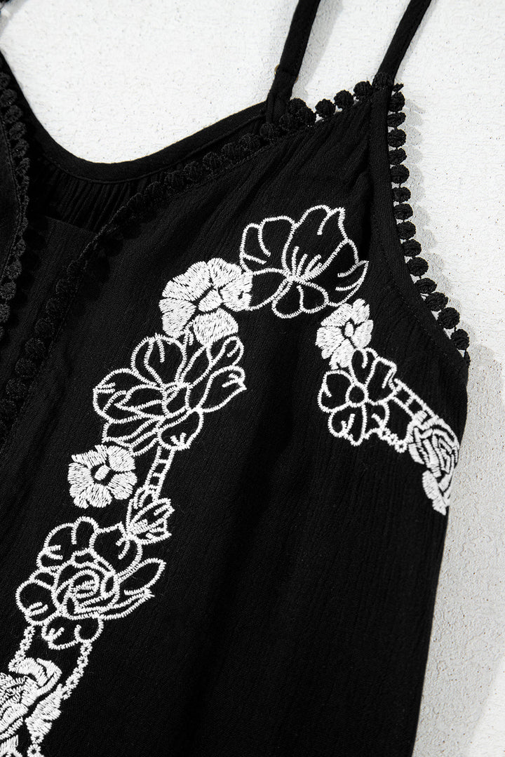 Floral Embroidery Ruffled Spaghetti Straps Tank Top