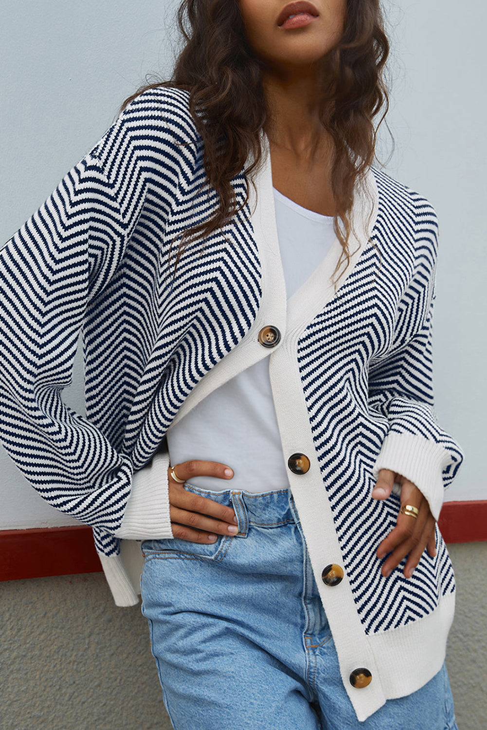 Buttoned Front V Neck Herringbone Cardigan