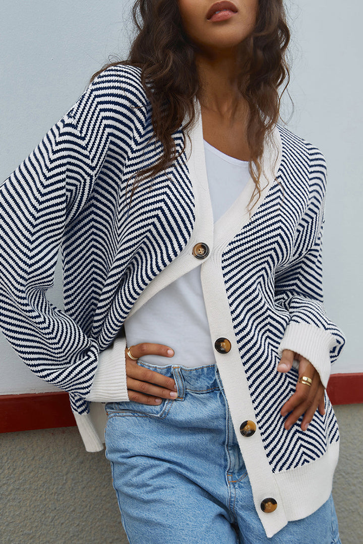 Buttoned Front V Neck Herringbone Cardigan