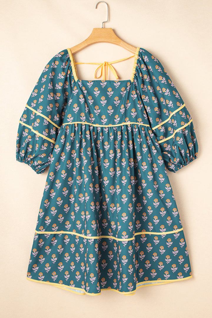 Floral Contrast Trim Square Neck Puff Sleeve Dress