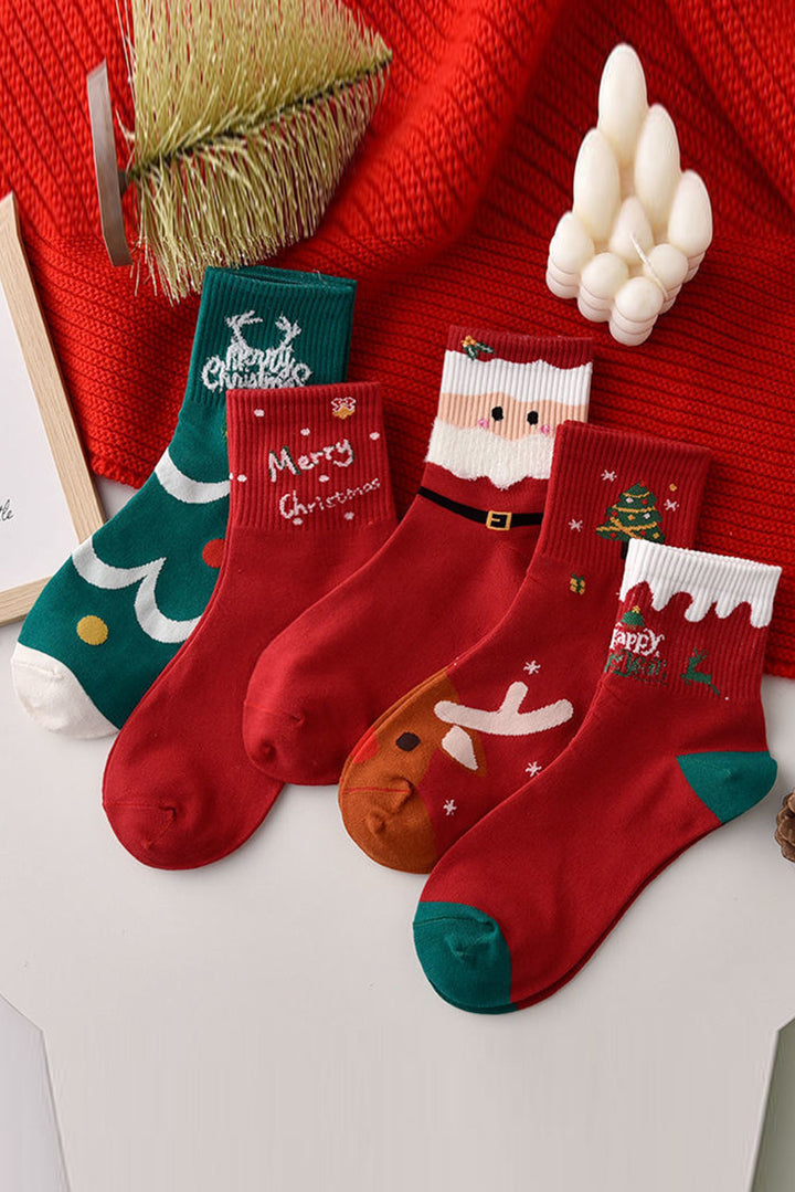 5 Paar festliche Socken mit „Frohe Weihnachten“-Cartoon-Aufdruck