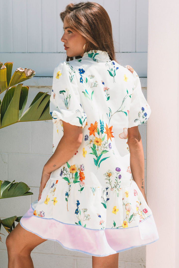 Floral Print Contrast Striped Patchwork Short Puff Sleeve Dress