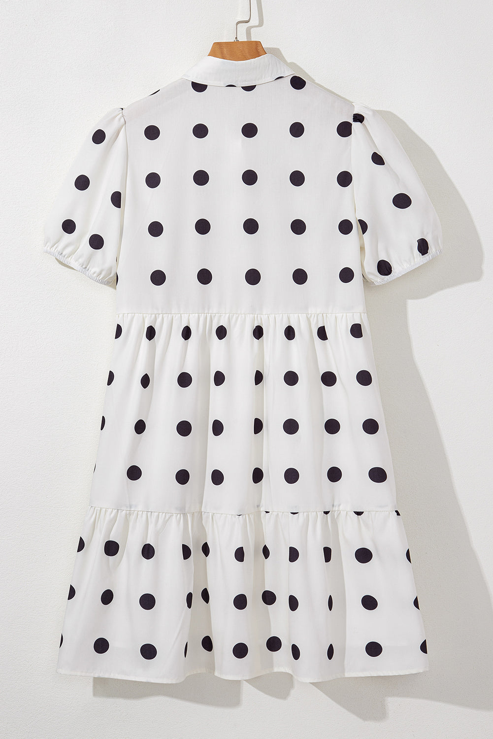 Polka Dot Print Short Sleeve Collar Buttoned Tiered Babydoll Dress