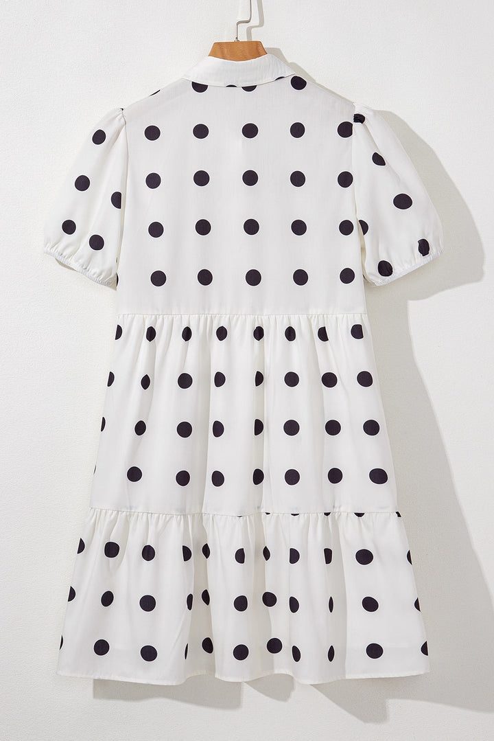Polka Dot Print Short Sleeve Collar Buttoned Tiered Babydoll Dress