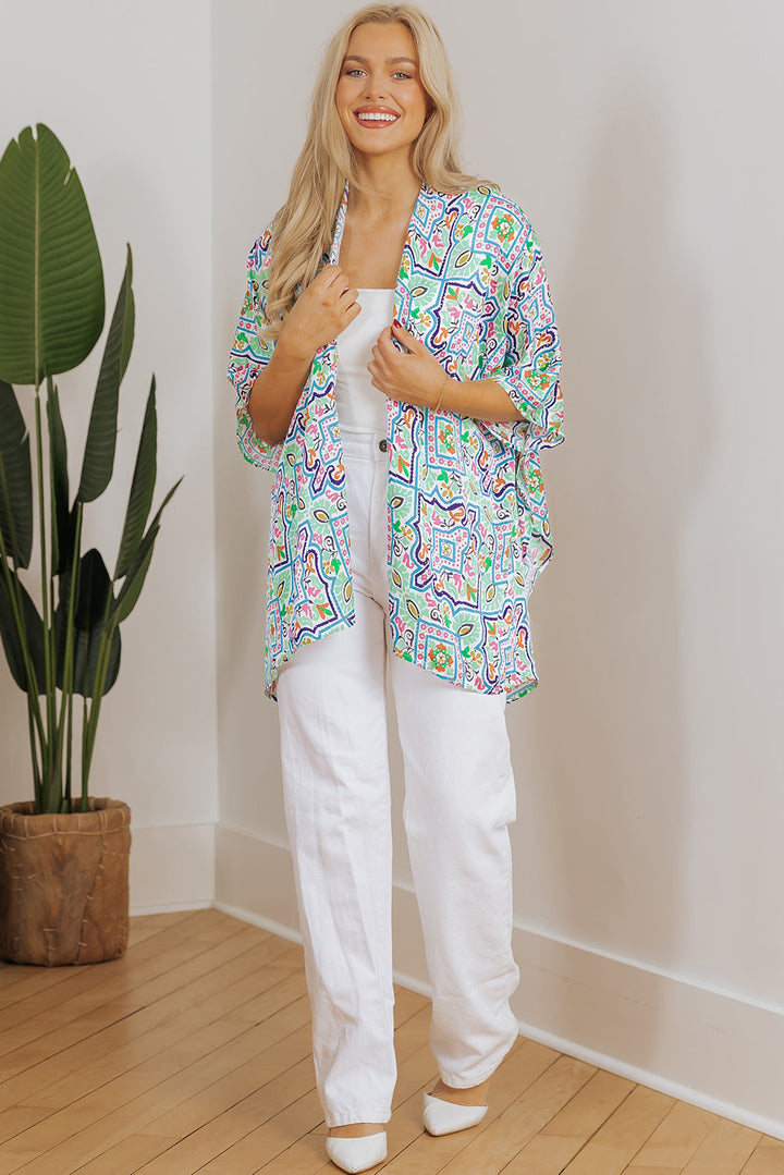 Boho Floral Printed Rhinestone 3/4 Sleeve Open Front Kimono