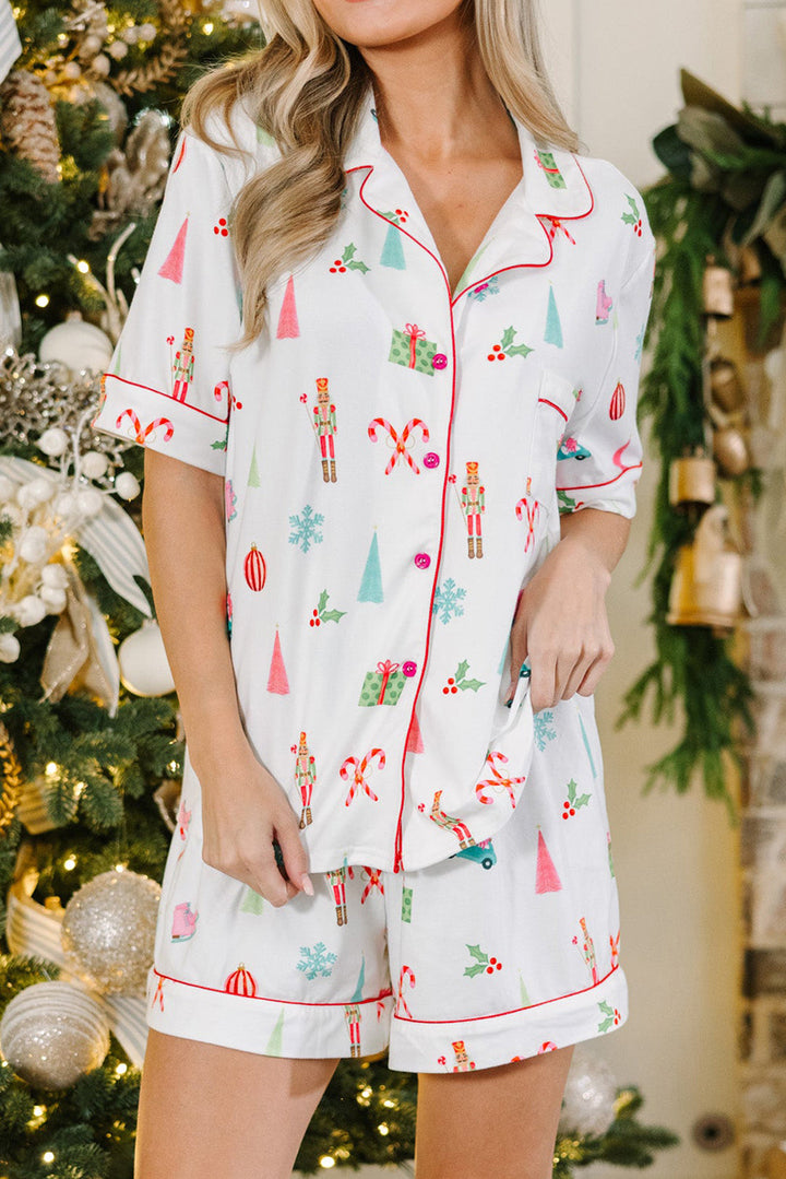 christmas print short sleeve shirt and shorts pajama set