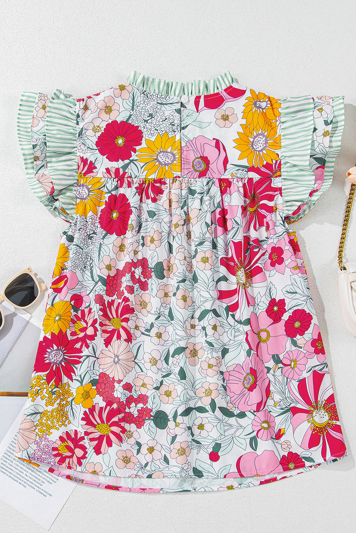 Floral Print Contrast Ruffle Trim Short Sleeve Blouse