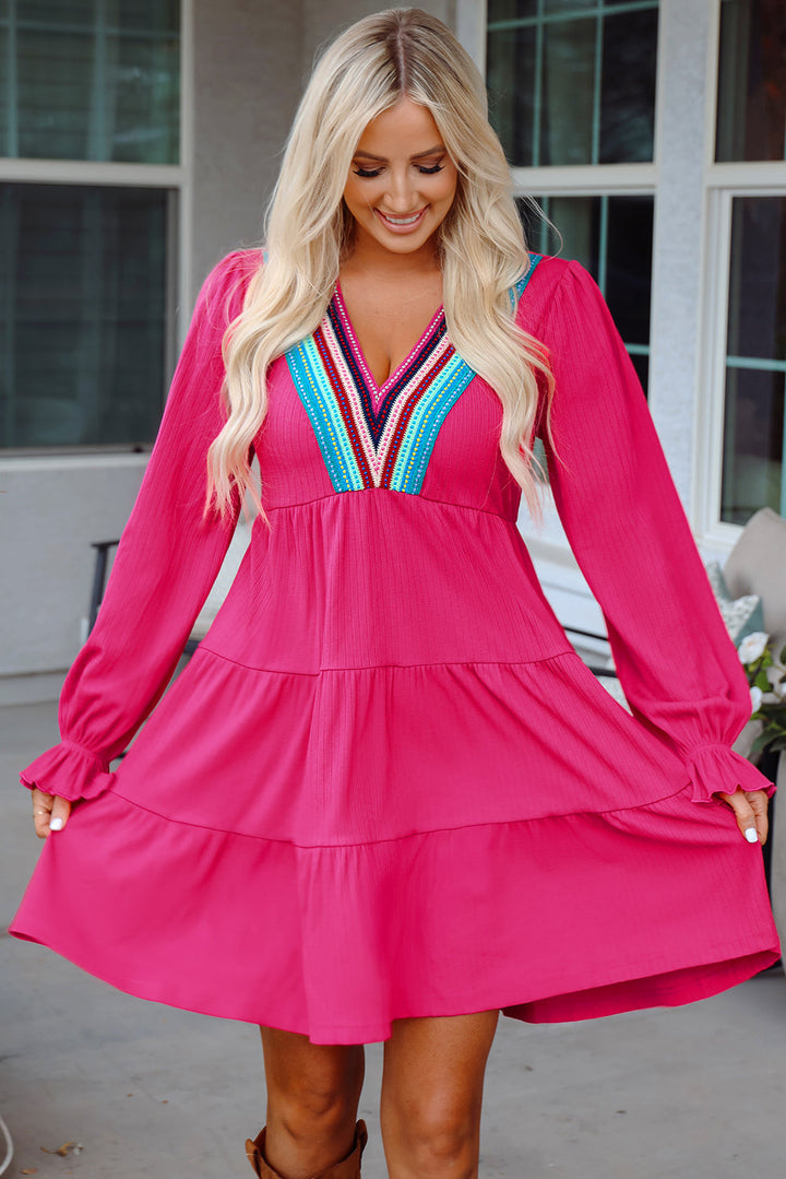 Colorful Crochet V Neck Textured Tiered Ruffled Long Sleeve Mini Dress
