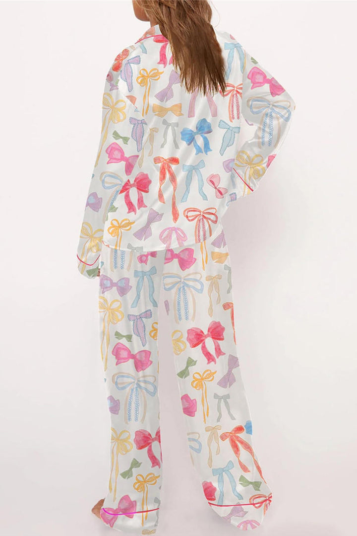bow knot print lapel collar wide leg satin pajama set