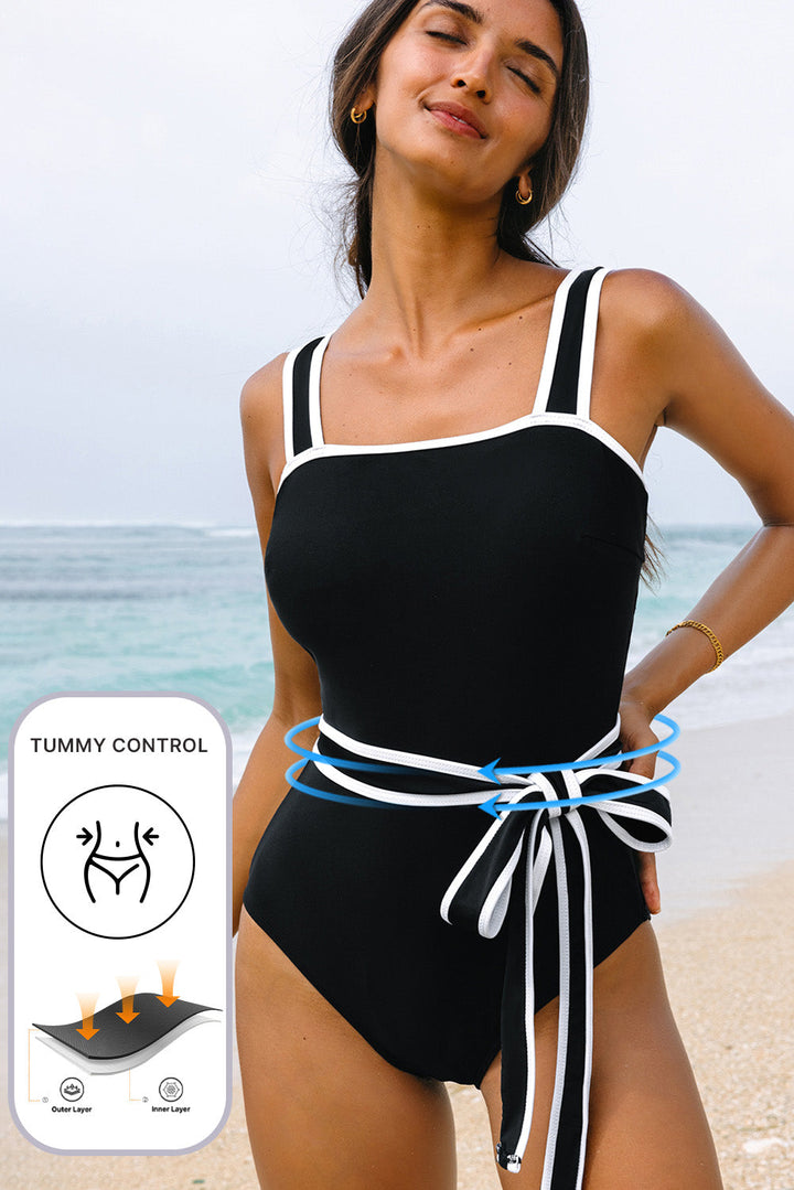 colorblock edge belted one piece swimsuit