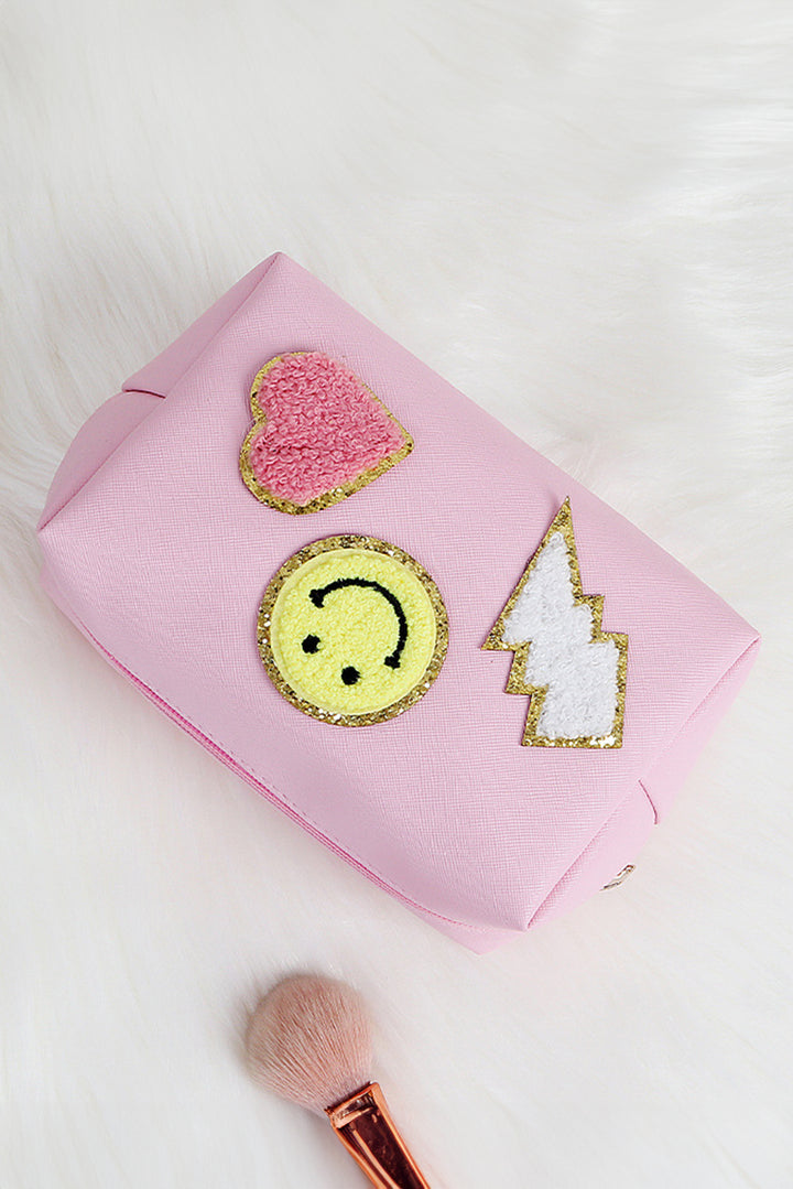 Trousse de maquillage à fermeture éclair en PU avec patch chenille et motif smiley