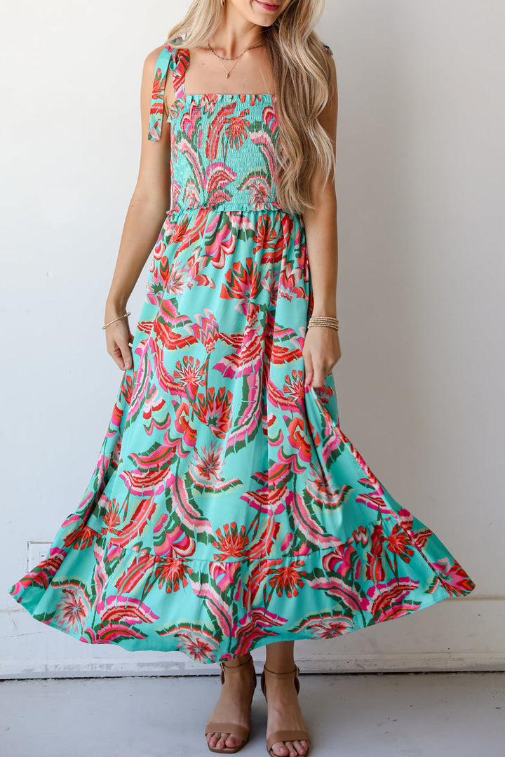 Abstract Print Smocked Bodice Knotted Straps Ruffled Maxi Dress