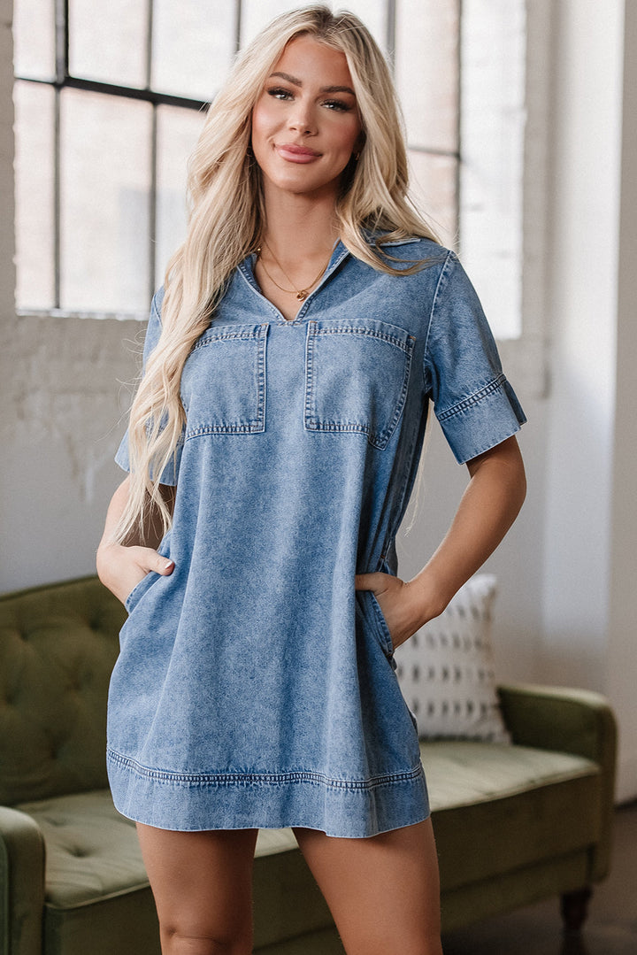 Short Sleeve Collared Patched Pocket Denim Mini Dress