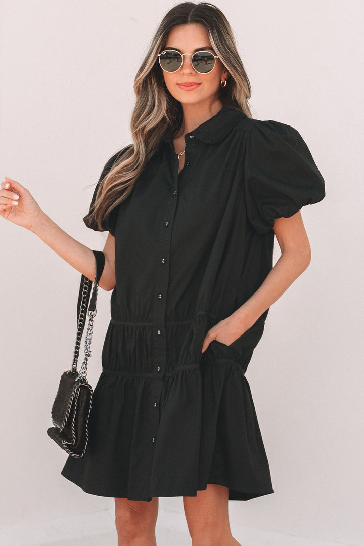 Shirt Style Button Down Puff Sleeve Ruffle Hem Dress
